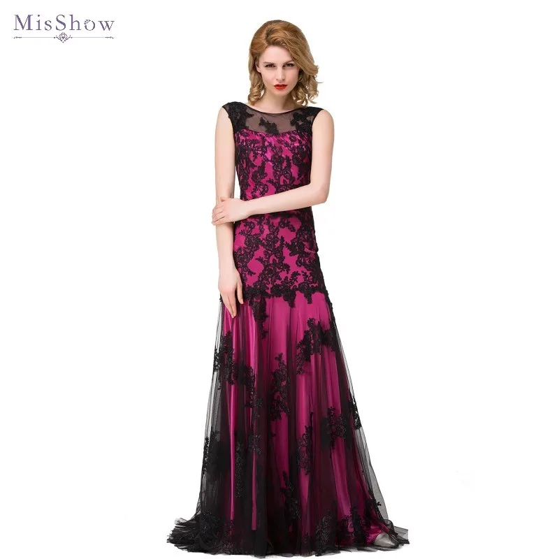 

robe de soire Fuchsia Tulle Evening Dress 2019 A line Sleeveless Long Evening Gown Mesh Applique Formal Party Dresses
