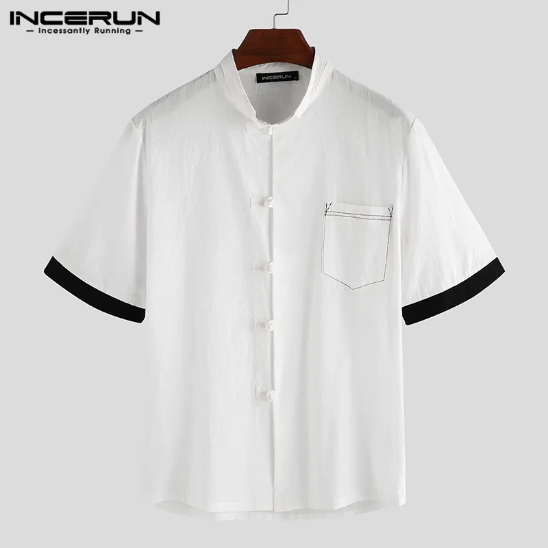 White Shirt INCERUN, китайский стиль, мужская рубашка, летняя, из кусков, короткий рукав, хлопок, Повседневная блуза, Ретро стиль, с отворотом, на пуговицах, брендовые рубашки для мужчин - Цвет: White Shirt
