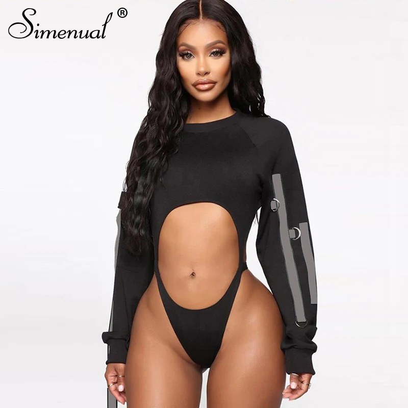 

Simenual Hollow Out Athleisure Women Bodysuits Long Sleeve Reflective Strap Bodycon Rompers Patchwork Fashion Autumn Bodysuit