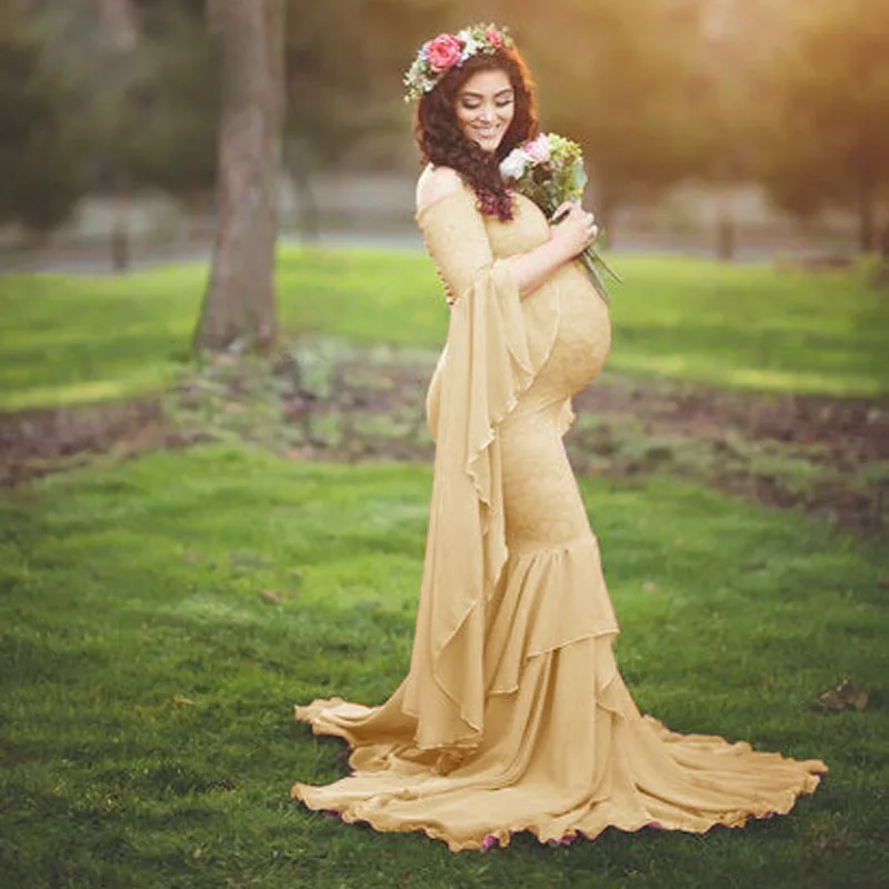 Pregnant Women Off Shoulder Ruffle Sleeve Lace Maternity Gown Maxi