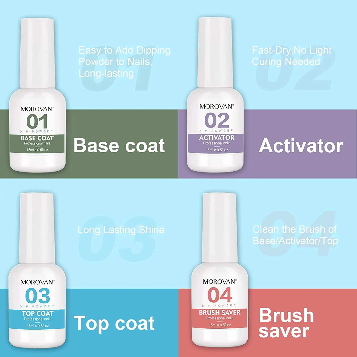 Nail Art Set Dip Powder Liquid Set with Activator Base Top Coat and Dipping Powder Brush Saver 4pcs 0.5oz for Dip Nail Kit