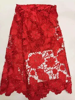 

Red African Guipure Lace Fabric 2019 With Stone For Nigerian Wedding Dresses. African Embroidery Water Soluble Lace R668