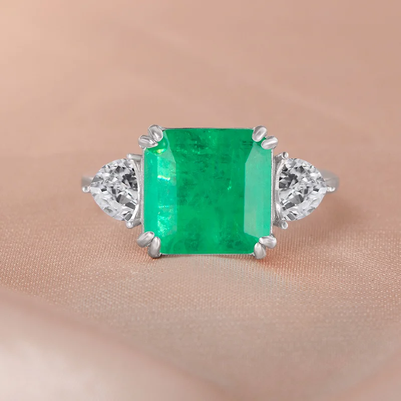 Silver Emerald Gemstone Ring For Women Engagement Wedding Promise Party Jewelry Gift 925 Sterling Female