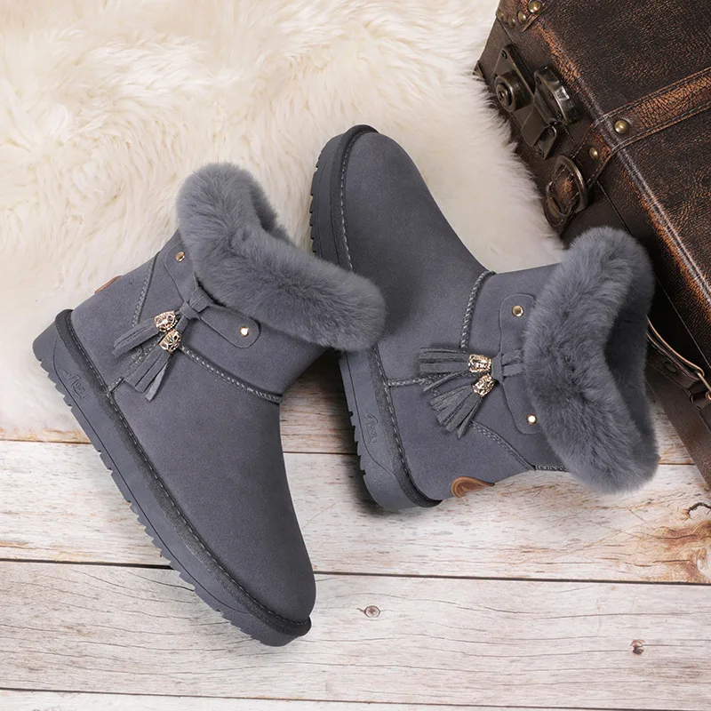 

Women Cow Leather Rabbit Fur Snow Boots Female Winter New Tassel In The Tube Warm Thick Boots Short Boots Wild Snow Cotton Women