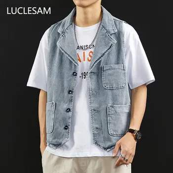 

Mens Retro Denim Vest Autumn Male Sleeveless Jeans Jacket Multi Pockets Washed Tank Top Men Casual Streetwear Vintage Waistcoat