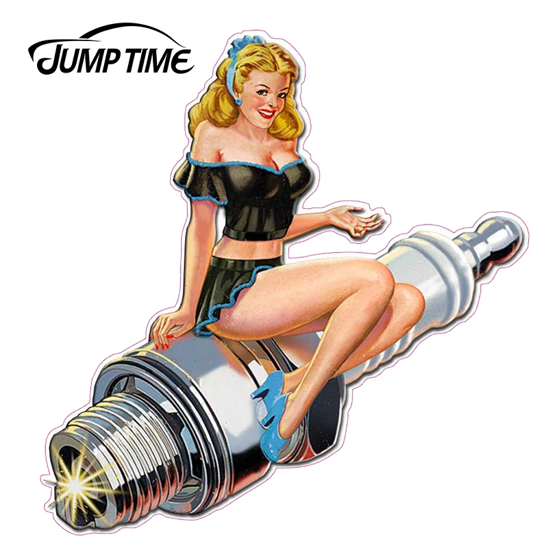 

JumpTime 13cm x 12.3cm Sexy Graphics Retro SPARK PLUG PIN UP Pin-Up Girl Car Stickers and Decals Vinyl JDM Car Bumper Decal