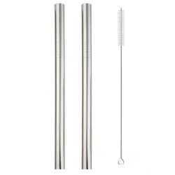 Set of 2 Reusable Extra - Wide Stainless Steel Straws with Cleaning Brush (Silver)