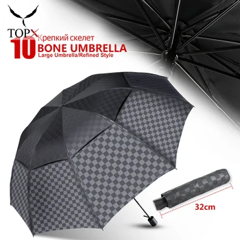 

Double Layer Windproof Umbrella Rain Women Men 4Folding 10K Business Umbrellas Male Dark Grid Parasol Family Travel Paraguas