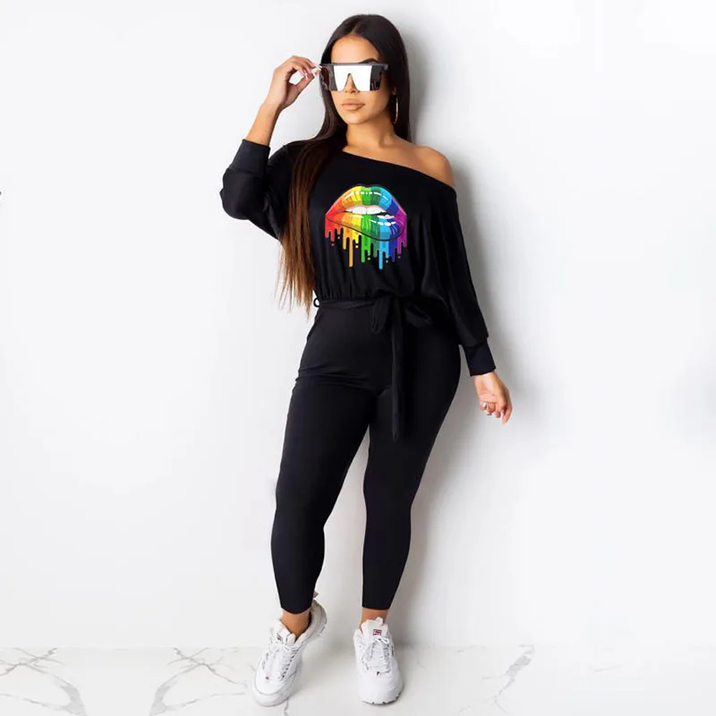 HAOYUAN цвет губы печати неоновый комбинезон одно плечо с длинным рукавом Bodycon Комбинезоны для женщин осень уличная Сексуальная Повседневная одежда для вечеринок