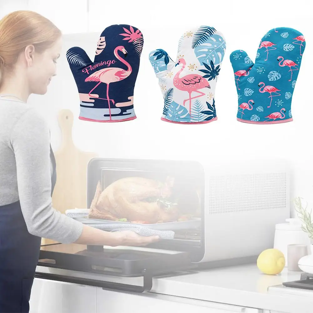 1 шт хлопчатобумажные перчатки для духовки с принтом фламинго, термостойкие рукавицы для кухни, рукавица и прихват для микроволновой печи, изолированные Нескользящие перчатки
