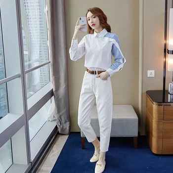 

2020 Spring Summer Casual Elegant 2 Piece Set for Woman Contrast White Blouse and Sheer Vintage Pants Ladies Two Piece Set Sheer