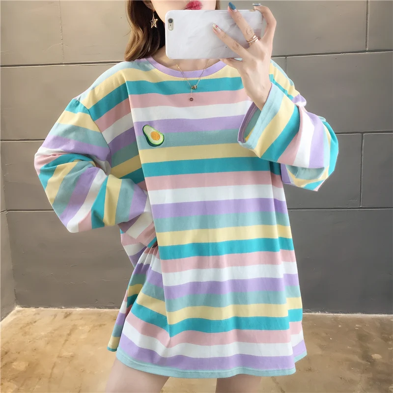 Fall Harajuku Kawaii Oversized T Shirt Women Autumn Rainbow Striped Shirt For Girls Long Sleeve Korean tshirt Ladies Tops