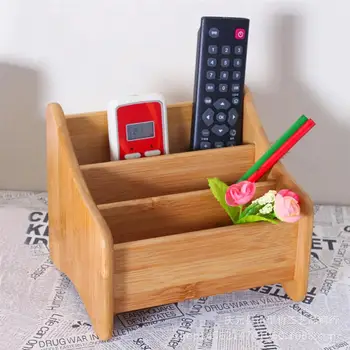 

Bamboo Remote Control Storage Box Three Grids Multi-Function Desk Remote Control Holder Cosmetic Organizer for Home Office
