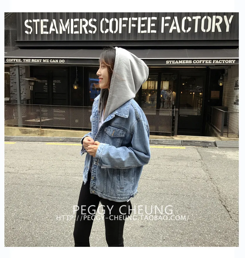 

Autumn New Style Solid Color Loose-Fit Hooded WOMEN'S Denim Jacket Korean-style Washing Retro Long Sleeve Jacket