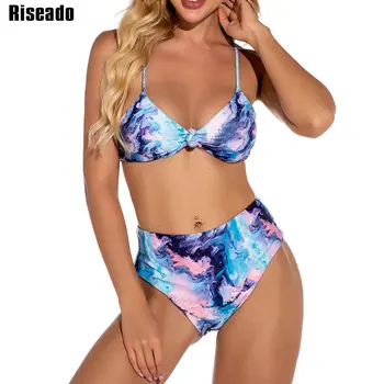 

Riseado Tie Dye Bikini Push Up Swimwear High Waist Swimwear Women 2021 Lace Up Beachwear Knotted Brazilian Biquini Sexy Bikini