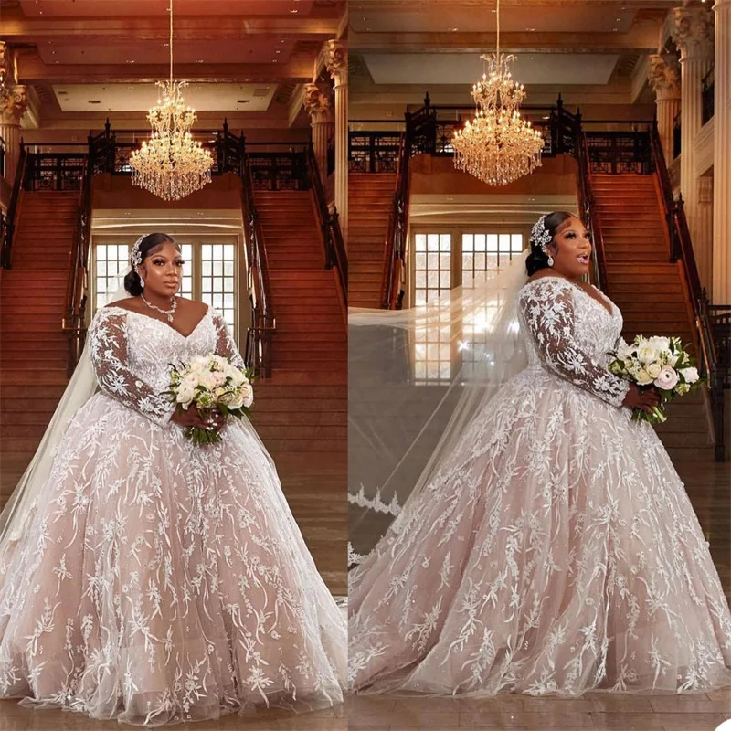 

Plus Size Wedding Dresses Long Sleeves Bridal Gown Beads Appliqued Lace Beach Custom Made Sweep Train A Line Robes De Mariée