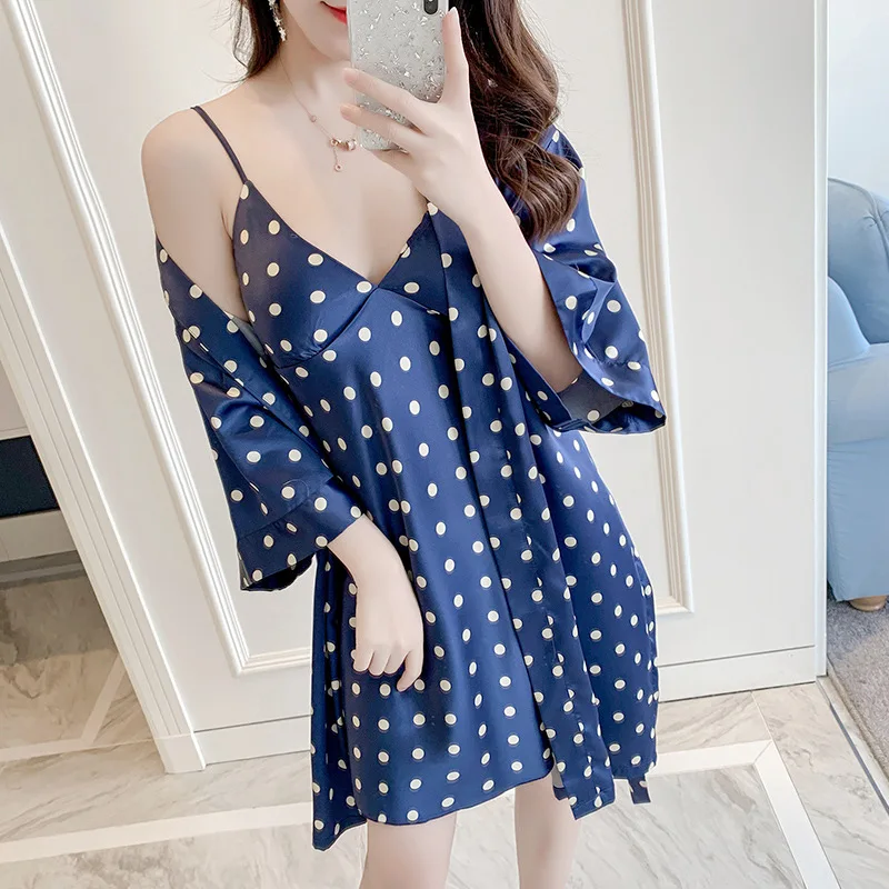 

Sexy Polkadot Strap Women's Sleepwear Set of Two Spring-Summer Autumn Matte Satin Chiffon Imitated Silk Fabric Nightgown Suit