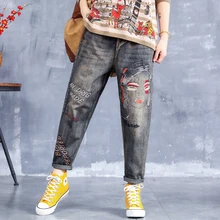 Женские джинсы с вышивкой, красивая отбеленная джинсовая ткань, брюки, штаны, большие свободные длинные Ретро Винтажные модные повседневные для осени BO30222719