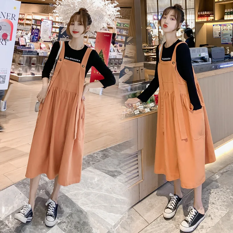 

2020 Spring Clothing New Style Loose-Fit Fashion Mom Large Size Cotton Linen Suspender Strap Dress Base Black T Two-Piece Set