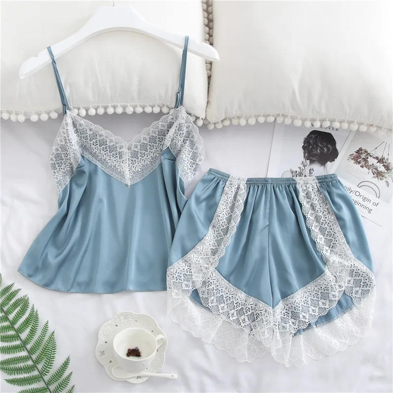 

Satin Lace Pajamas Suits Casual Sleep Set Women Nightwear Intimate Lingerie Pyjamas Suit Home Clothing Sexy Pijamas Home Wear