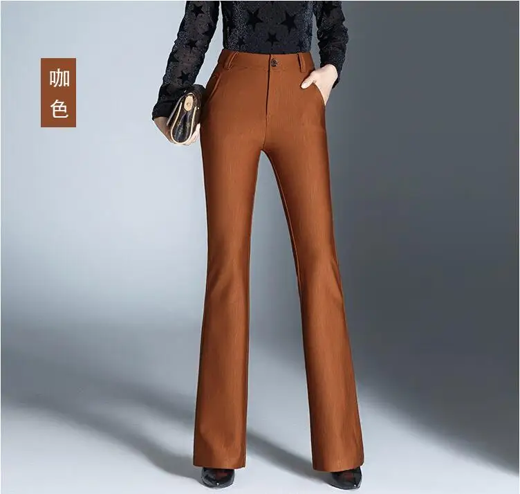 Толстая Высокая талия плюс размер новые осенние и зимние офисные женские Брендовые расклешенные брюки для девочек одежда