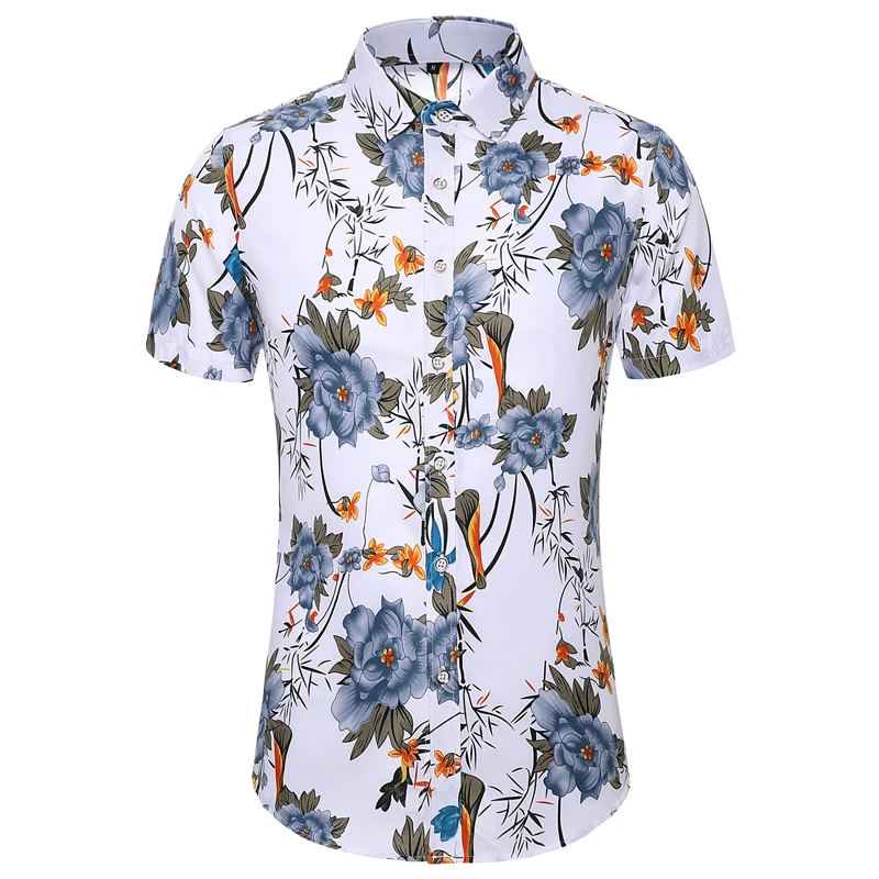 

2021 Summer New Men's Youth Slim Short Sleeve Printed Shirt Large Size Square Neck Flower Top Fashion Trend Personality Comfort
