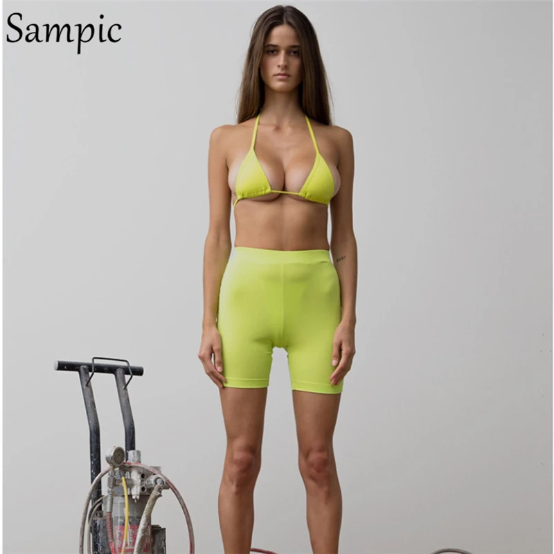 Sampic, женские спортивные штаны, одноцветные, сзади, байкерские шорты, женские, неоновые, зеленые, повседневные, с высокой талией, шорты, лето, Осень