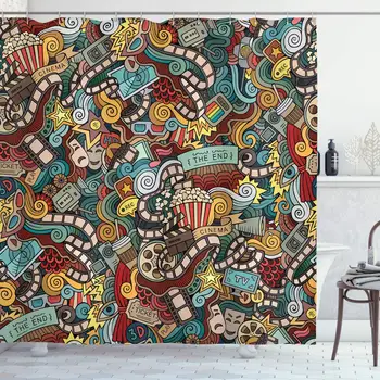 

Doodle Shower Curtain, Cinema Items Combined in an Abstract Style Popcorn Movie Reel The End Theatre Masks, Cloth Fabric