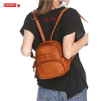 

Backpack Women 2020 New Genuine Leather Retro Handmade Leather Bag Female Leather School Bag Multi Compartment Small Backpacks