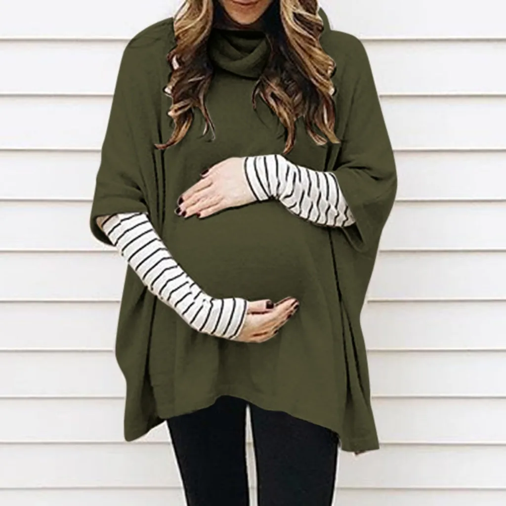 

Maternity Clothes Two-Piece Set For Women Pregnant High Collar Long Sleeve Splicing Stripe Tops Pullover Blusas De Embarazo@40