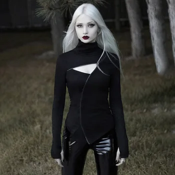 

Cool Turtleneck Punk Style Hollow Out Pullover Sweatshirt Streetwear Zipper Irregular Hooded Tops Casual Sudadera Tees Clothing