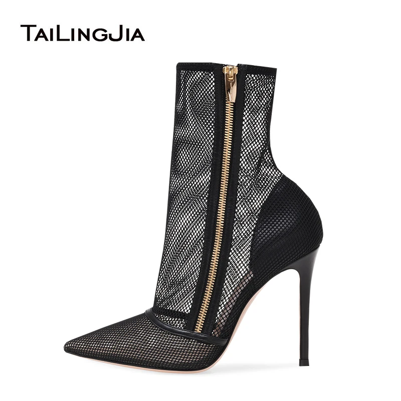 Sexy Black Ankle Boots For Women 2022 High Heel Mesh Boots