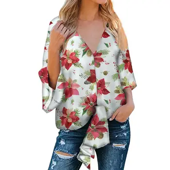 

Best Sale Wholesale Christmas style Print Fashion Blouse Clothes Skin-friendly Printed Chiffon Fabric Women Blouses