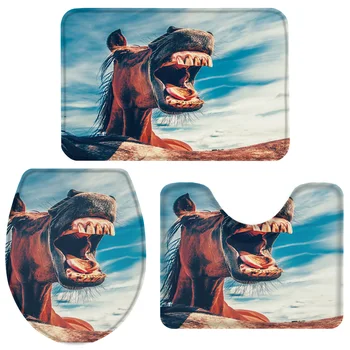 

3 Pieces Bathroom Set Funny Design Animals Horse Bath Set Toilet Cover Mat Pedestal Rug Non-Slip Bathroom Rug Set