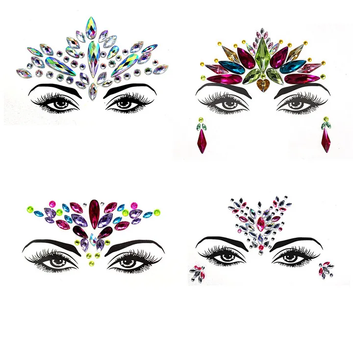 2  4pcs Glitter Face Jewelry Stickers Acrylic Rhinestone Festival Masquerade Party Temporary Tattoo Fashion DIY Jewelry Stickers