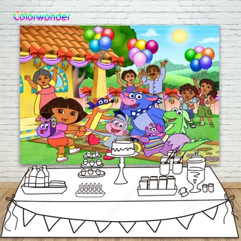 

Dora Theme Birthday Party Photo Background Dora Monkey Explorer Explorer Photography Backdrop For Baby Shower Cake Table Banner