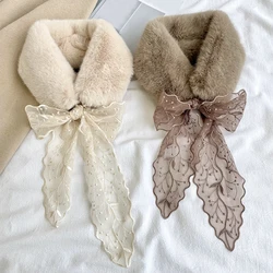 Windproof Imitation Rabbit Fur Print Lace Ribbon Collar Scarf Elegant Soft Warmer Plush Shawl Wrap Neckerchief