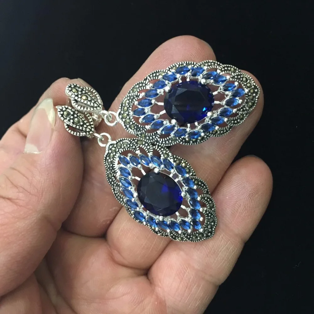 

Lady's Fashion Genuine 925 Silver Blue Crystal Art Style Marcasite Earrings