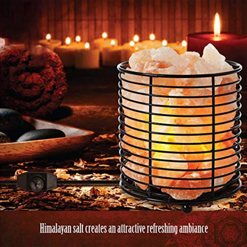 Natural Himalayan Salt Wire Mesh Basket Cylinder Lamp With Cord, Light Bulb And Authentic Allies Info Card-Eu Plug