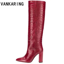 Ковбойские сапоги; модные сапоги до колена; женские высокие сапоги из искусственной кожи на танкетке и высоком каблуке; женские сапоги с острым носком; сезон осень-зима