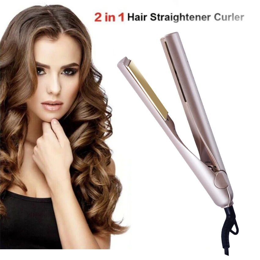 

Professional 2 in 1 Hair Iron Hair Straightening Curling Gold Plated Titanium Styling Hair Tool Curling Iron With Box US/UK/AU