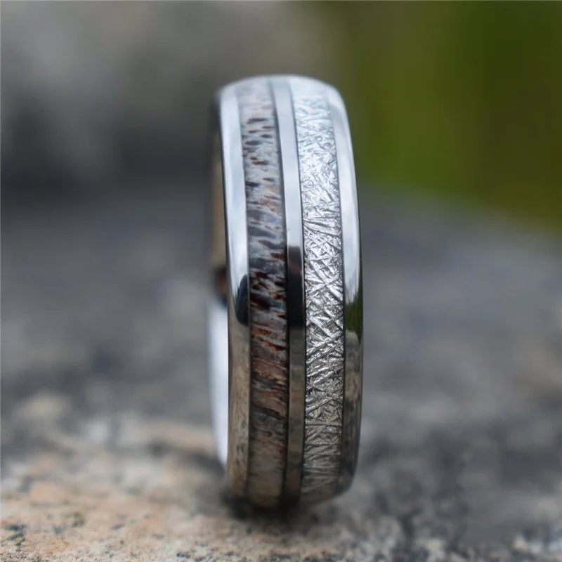 8mm Men Fashion Rings Carbide Meteorite Antler Inlaid Wedding Engagement Jewelry Gift For Boyfriend Accessories finger rings fashion rings engagement rings fashion ring metal rings