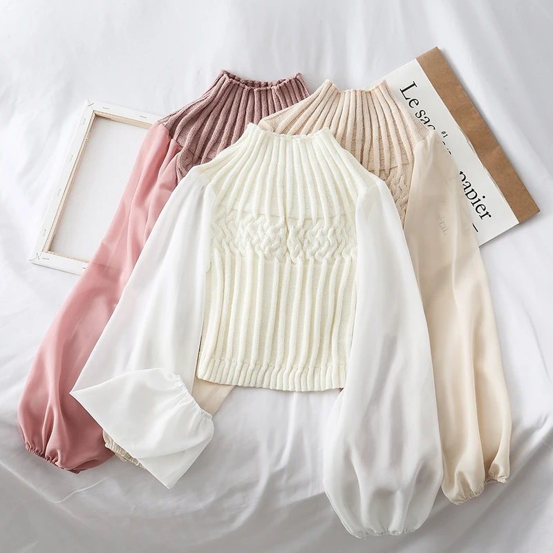 

TYHRU Woman Knit Jumpers Turtleneck Chiffon Sleeve Patchwork Sweaters