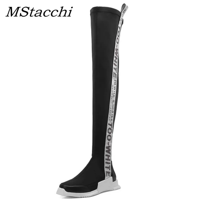 MStacchi/женские Сапоги выше колена на плоской подошве; теплая осенне-зимняя эластичная женская обувь; женские высокие сапоги с круглым носком; zapatos de mujer