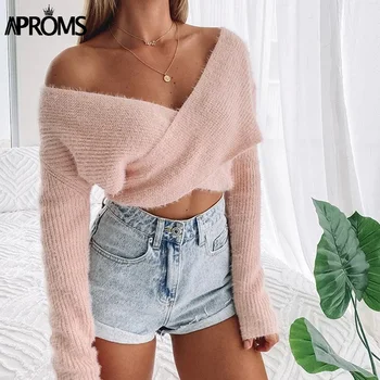 Image of Aproms Pink Fluffy Knitted Sweater Women Autumn Winter V-neck Wrap Front Basic Cropped Pullovers Fashion Outerwear Jumper