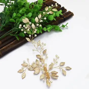 

FORSEVEN Golden Pearl Leaf Bride Hair Pins Clip Bridal Hairpins Tiaras Headpiece Barrettes Wedding Hair Accessories for Noiva JL