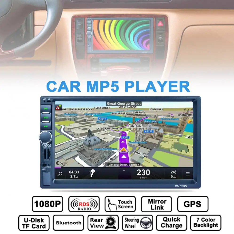 

7 Inch 2 DIN Bluetooth Auto Multimedia Car Stereo MP5 Player GPS Navigation AM / FM / RDS Radio Mirror Link / Aux In / Camera