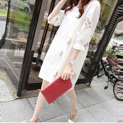 

Maternity Clothes Spring 2018 Spring And Summer Korean-style Embroidered Cotton Linen Half-sleeve Shirt Base Skirt Loose-Fit Sli