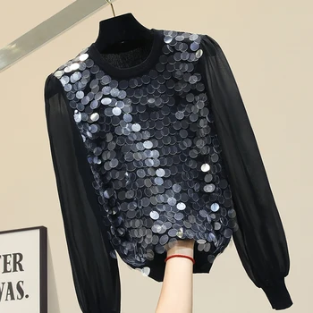 

2019 Autumn and Winter Big Sequin Blouse Korean Loose-Fit Shirt Women's Knit Chiffon Shirt Lantern Sleeve Blouses Ladies Street