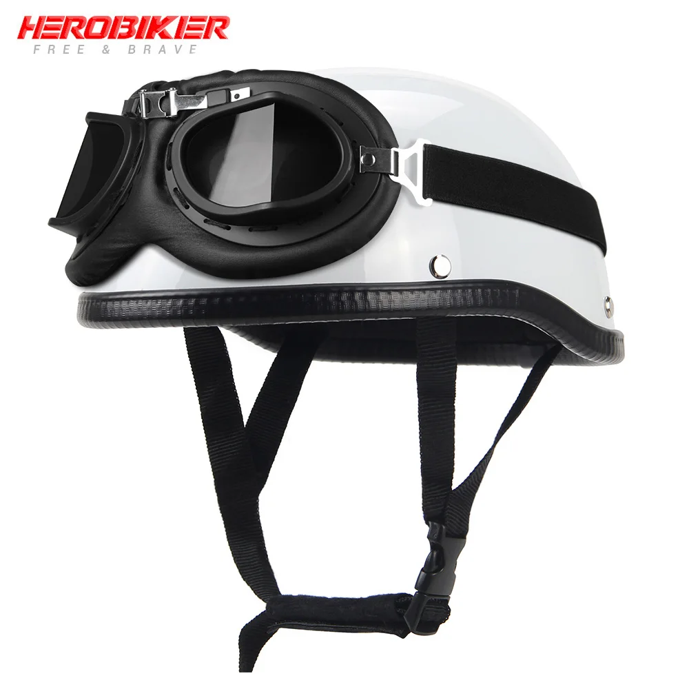 HEROBIKER мотоциклетный шлем немецкий кожаный стиль Пилот Мотоцикл открытый лицо ретро Половина шлем круиз Чоппер Байкер пилот точка S - Цвет: White-glass-02